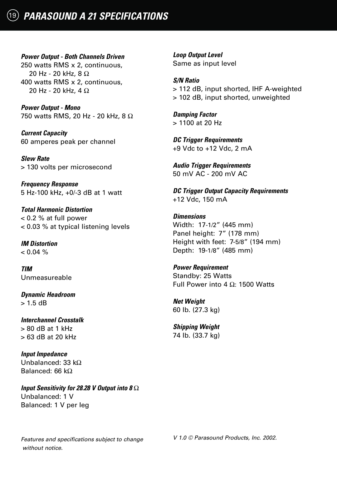 Parasound A 21 manual Parasound a 21 Specifications 