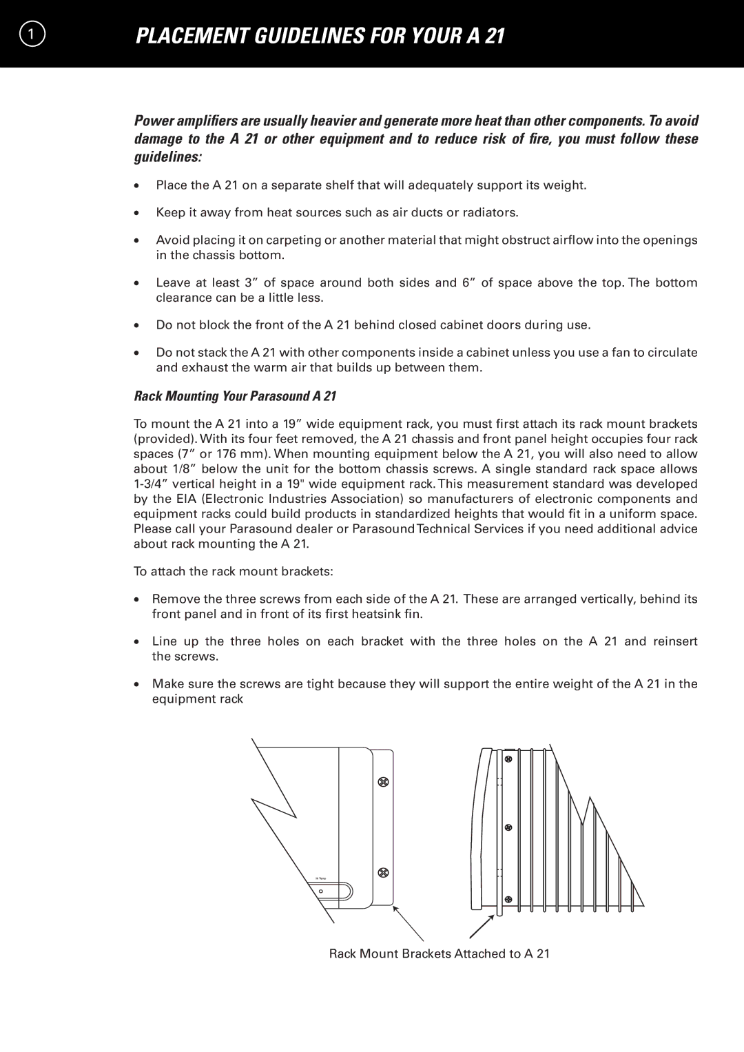 Parasound A 21 manual Placement Guidelines for Your a, Rack Mounting Your Parasound a 