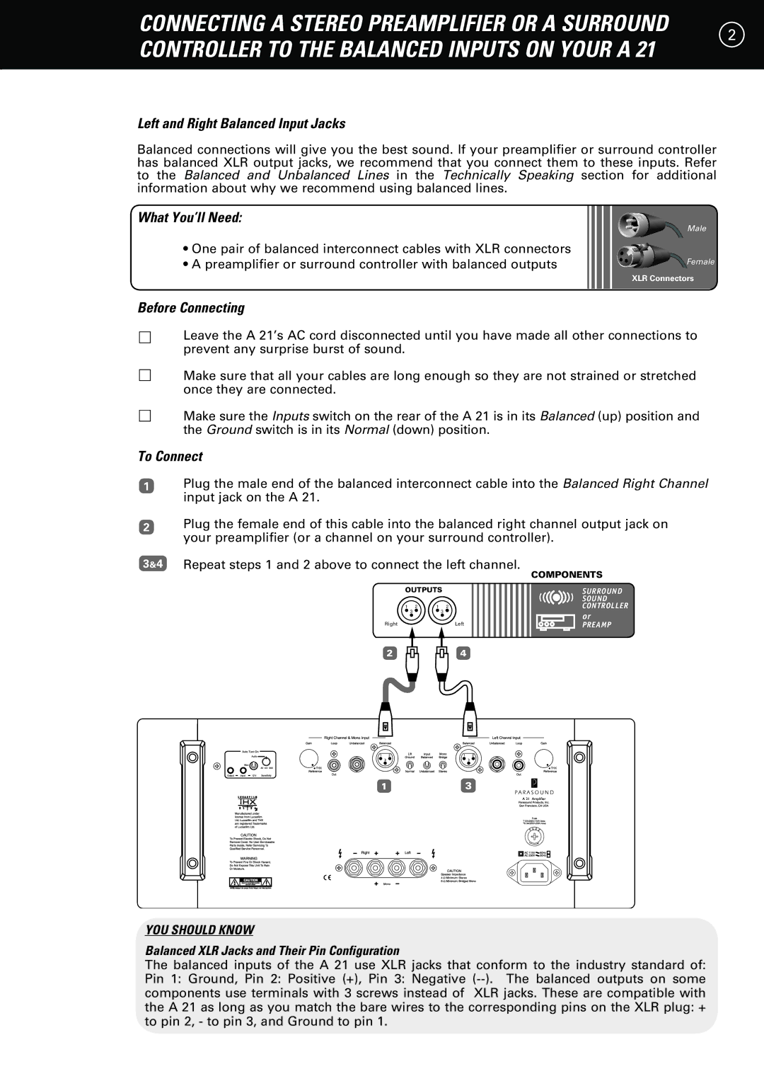 Parasound A 21 manual Left and Right Balanced Input Jacks, What You’ll Need, Before Connecting, To Connect 