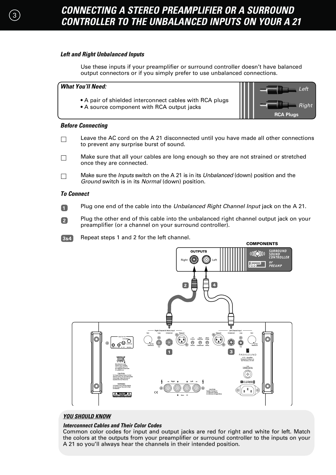 Parasound A 21 manual Left and Right Unbalanced Inputs, Interconnect Cables and Their Color Codes 