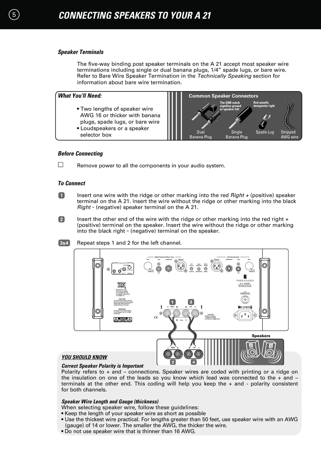 Parasound A 21 manual Speaker Terminals, Correct Speaker Polarity is Important, Speaker Wire Length and Gauge thickness 