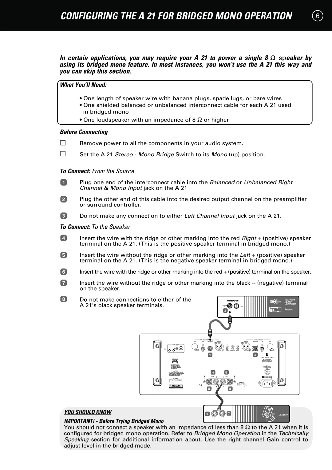 Parasound A 21 manual Configuring the a 21 for Bridged Mono Operation, IMPORTANT! Before Trying Bridged Mono 