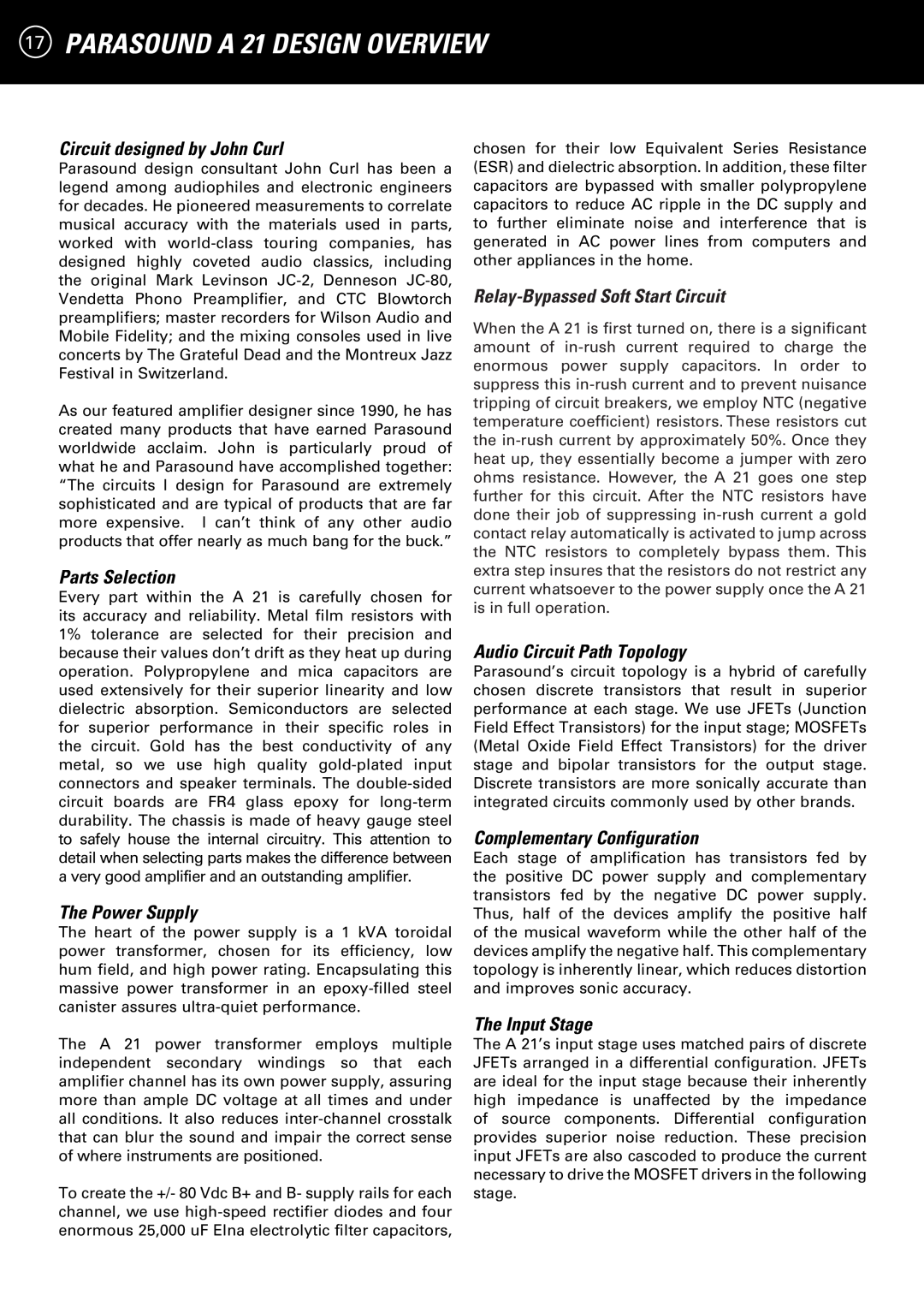 Parasound manual 17PARASOUND A 21 DESIGN OVERVIEW, Circuit designed by John Curl, Parts Selection, The Power Supply 