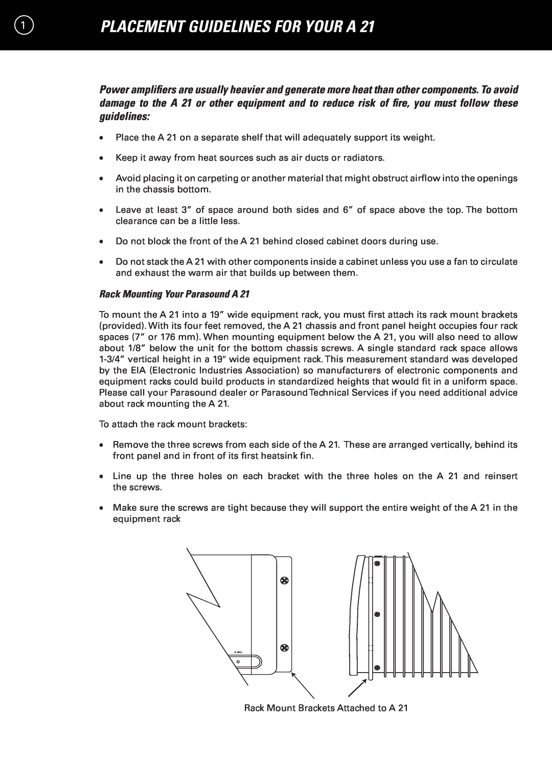 Parasound A 21 manual Placement Guidelines For Your A, Rack Mounting Your Parasound A 