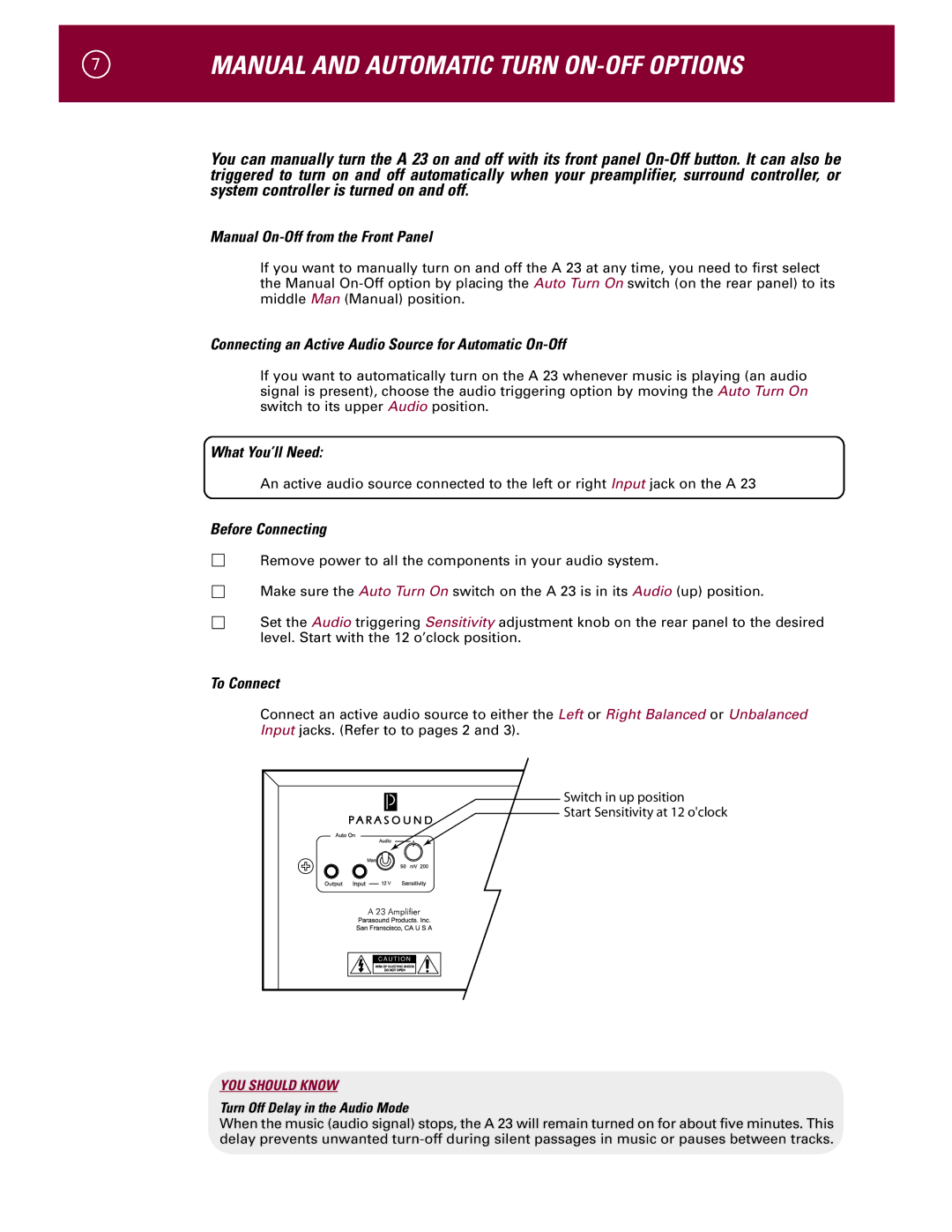 Parasound A 23 manual Manual and Automatic Turn ON-OFF Options, Manual On-Off from the Front Panel 