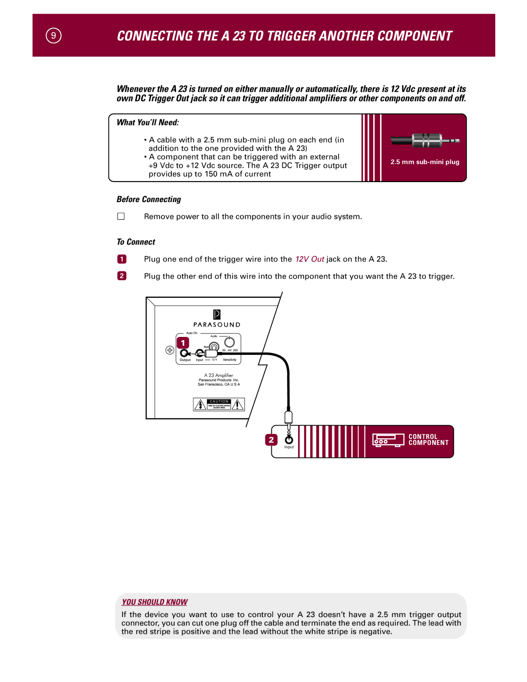 Parasound A 23 manual Connecting the a 23 to Trigger Another Component 