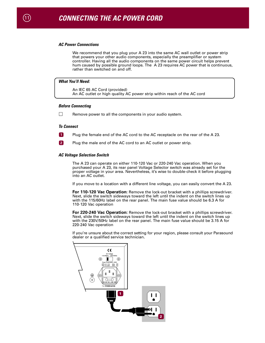 Parasound A 23 manual Connecting the AC Power Cord, AC Power Connections, AC Voltage Selection Switch 