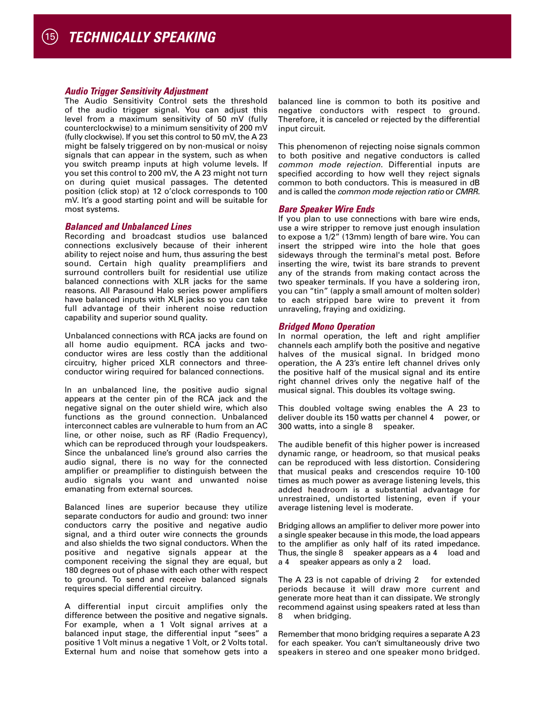 Parasound A 23 manual Technically Speaking, Audio Trigger Sensitivity Adjustment, Balanced and Unbalanced Lines 