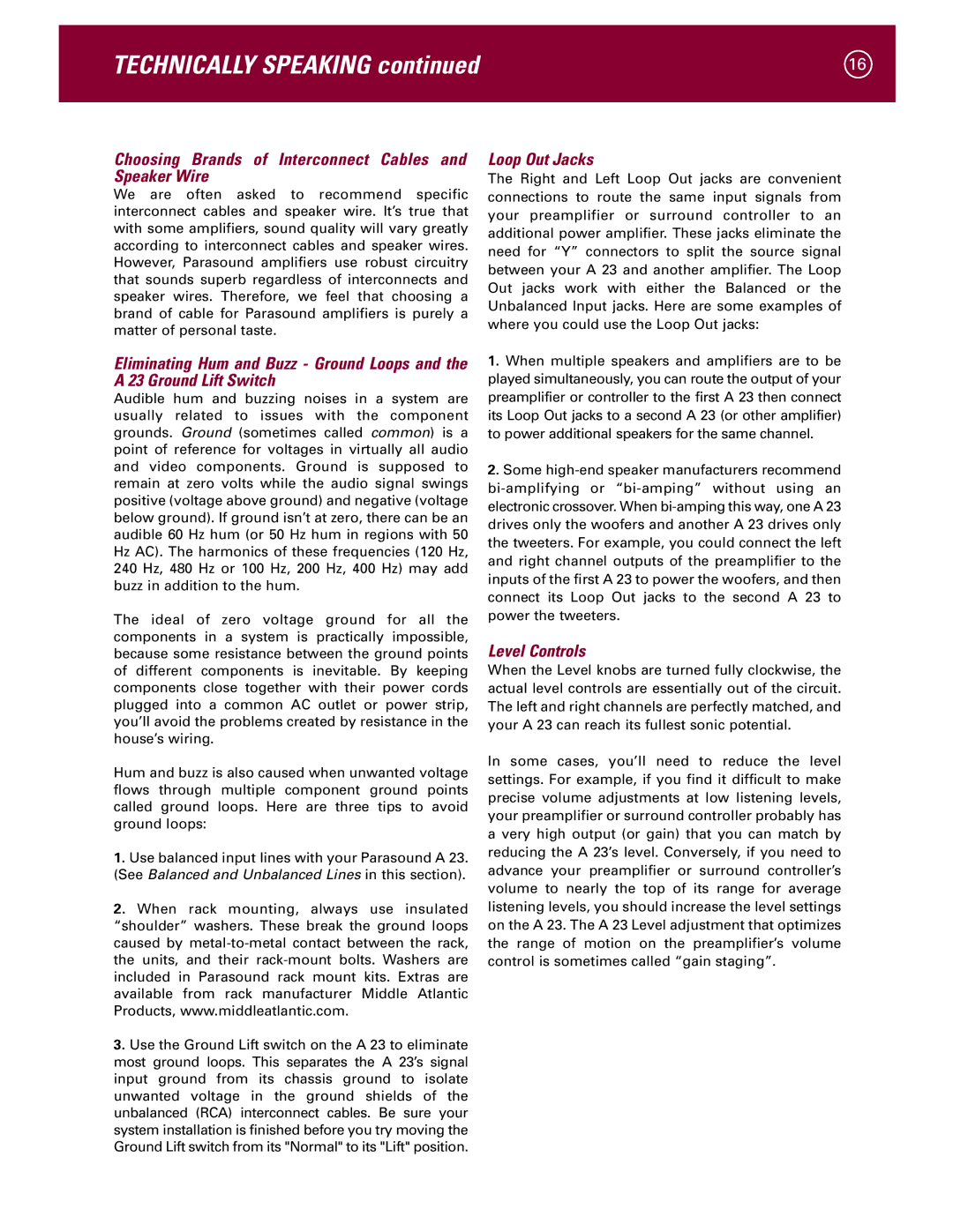 Parasound A 23 manual Choosing Brands of Interconnect Cables and Speaker Wire, Loop Out Jacks, Level Controls 