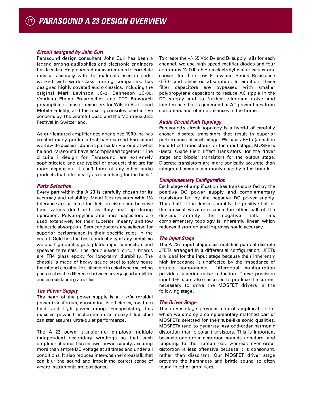 Parasound A 23 manual Parasound a 23 Design Overview 