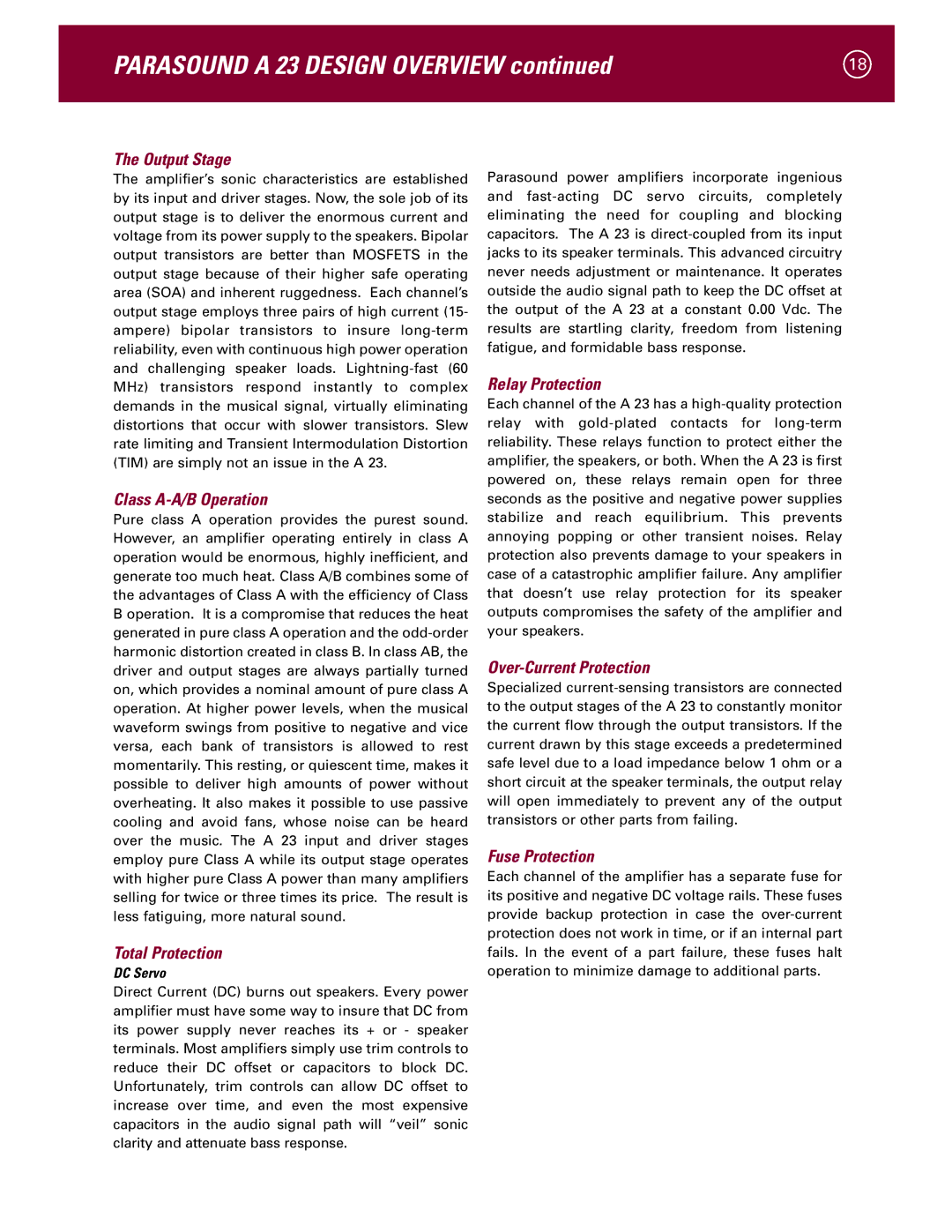 Parasound A 23 manual Output Stage, Class A-A/B Operation, Total Protection, Relay Protection, Over-Current Protection 