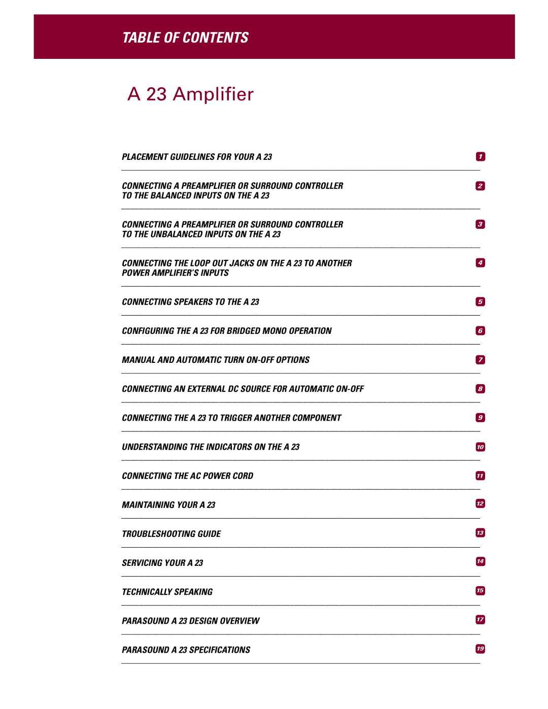 Parasound A 23 manual Amplifier, Table of Contents 