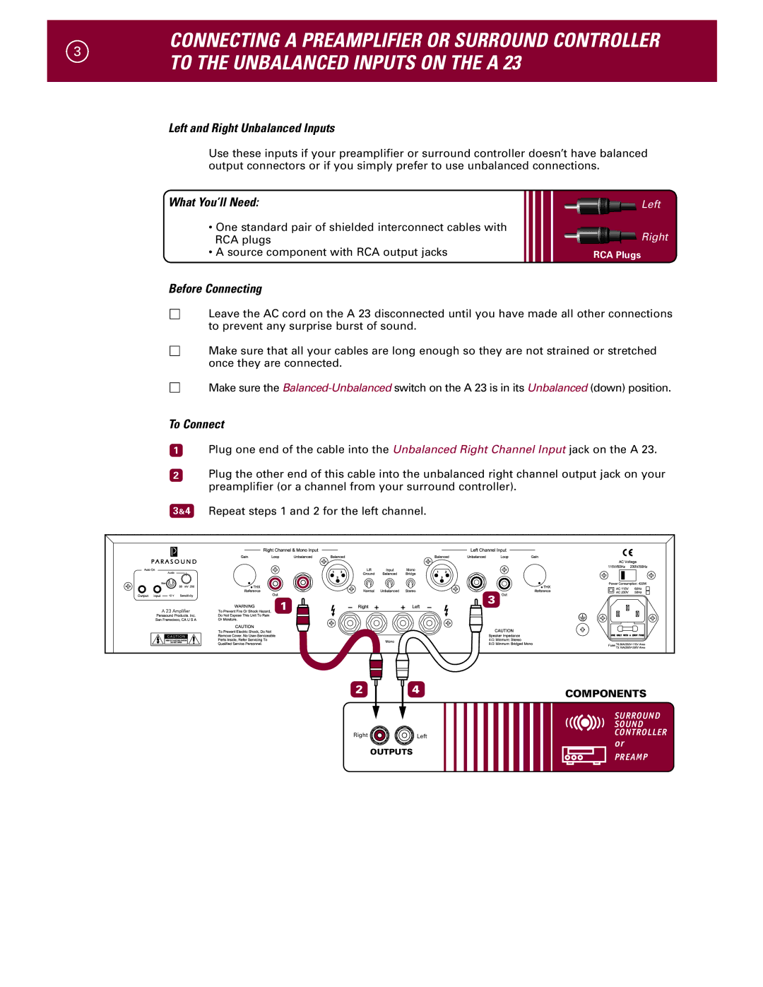 Parasound A 23 manual Left and Right Unbalanced Inputs 