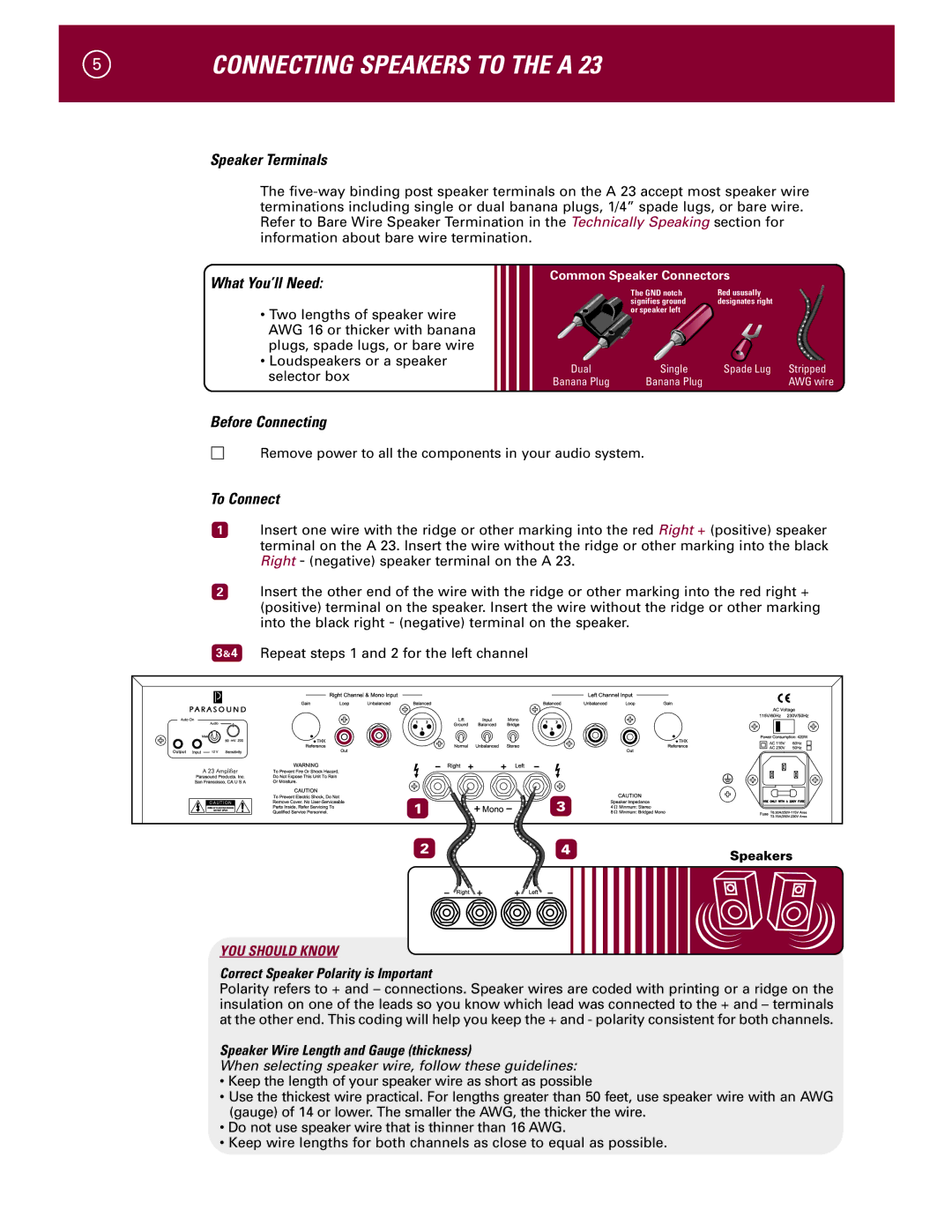 Parasound A 23 manual Connecting Speakers to the a, Speaker Terminals, Correct Speaker Polarity is Important 