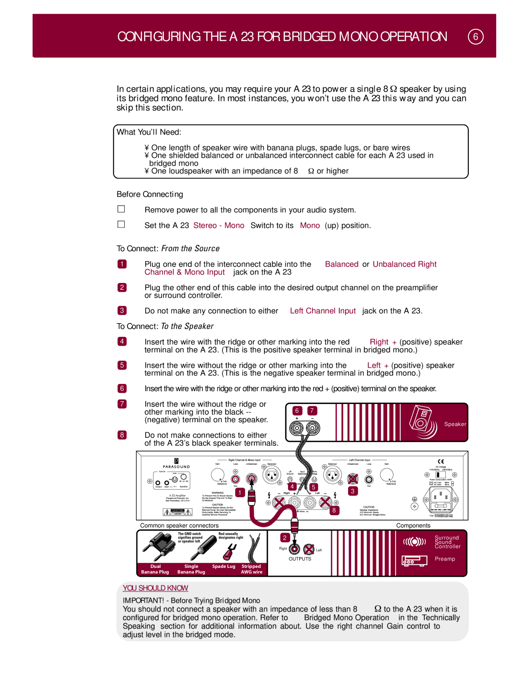 Parasound A 23 manual Configuring the a 23 for Bridged Mono Operation, IMPORTANT! Before Trying Bridged Mono 