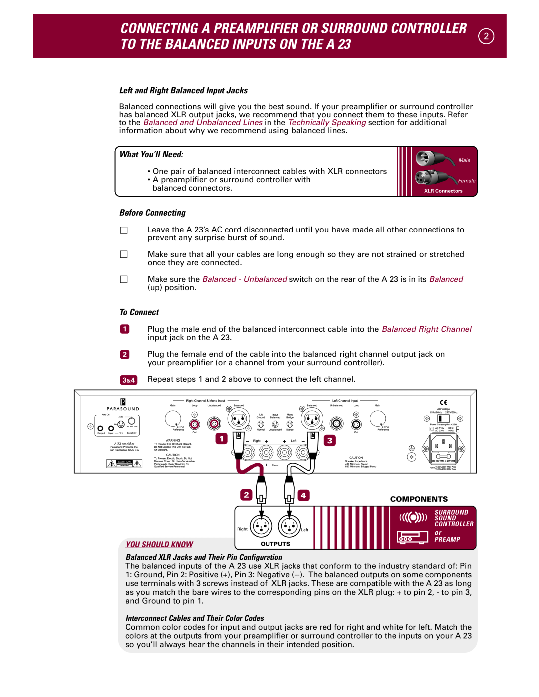 Parasound A 23 manual To The Balanced Inputs On The A, Connecting A Preamplifier Or Surround Controller, What You’ll Need 