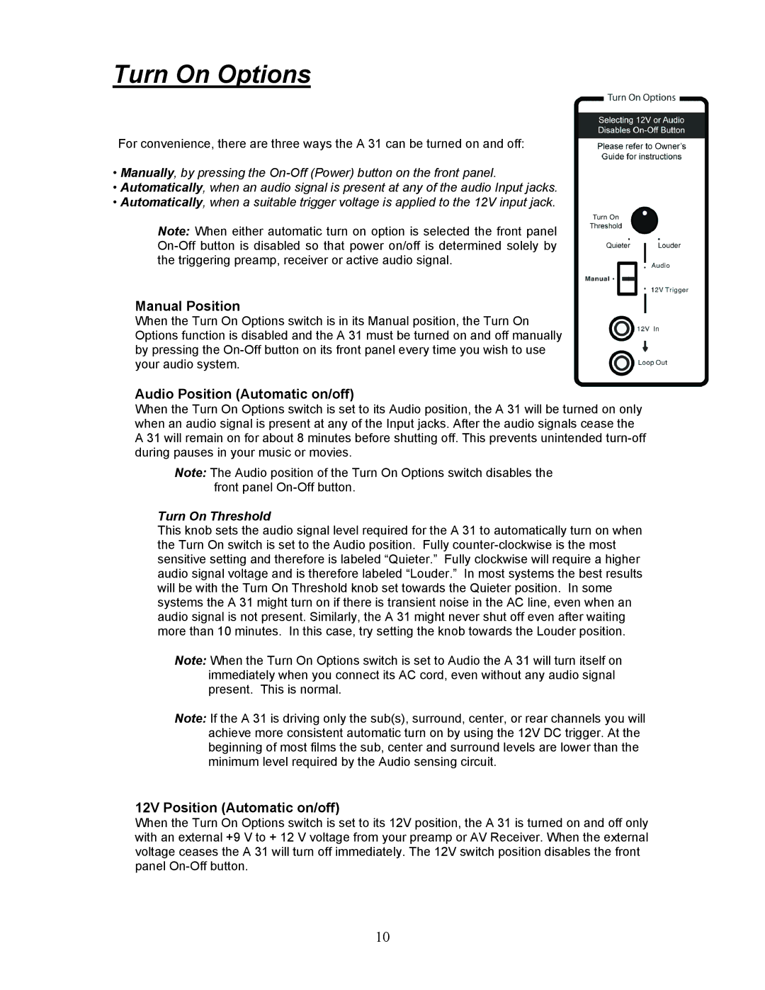 Parasound A 31 manual Turn On Options, Manual Position, Audio Position Automatic on/off, 12V Position Automatic on/off 