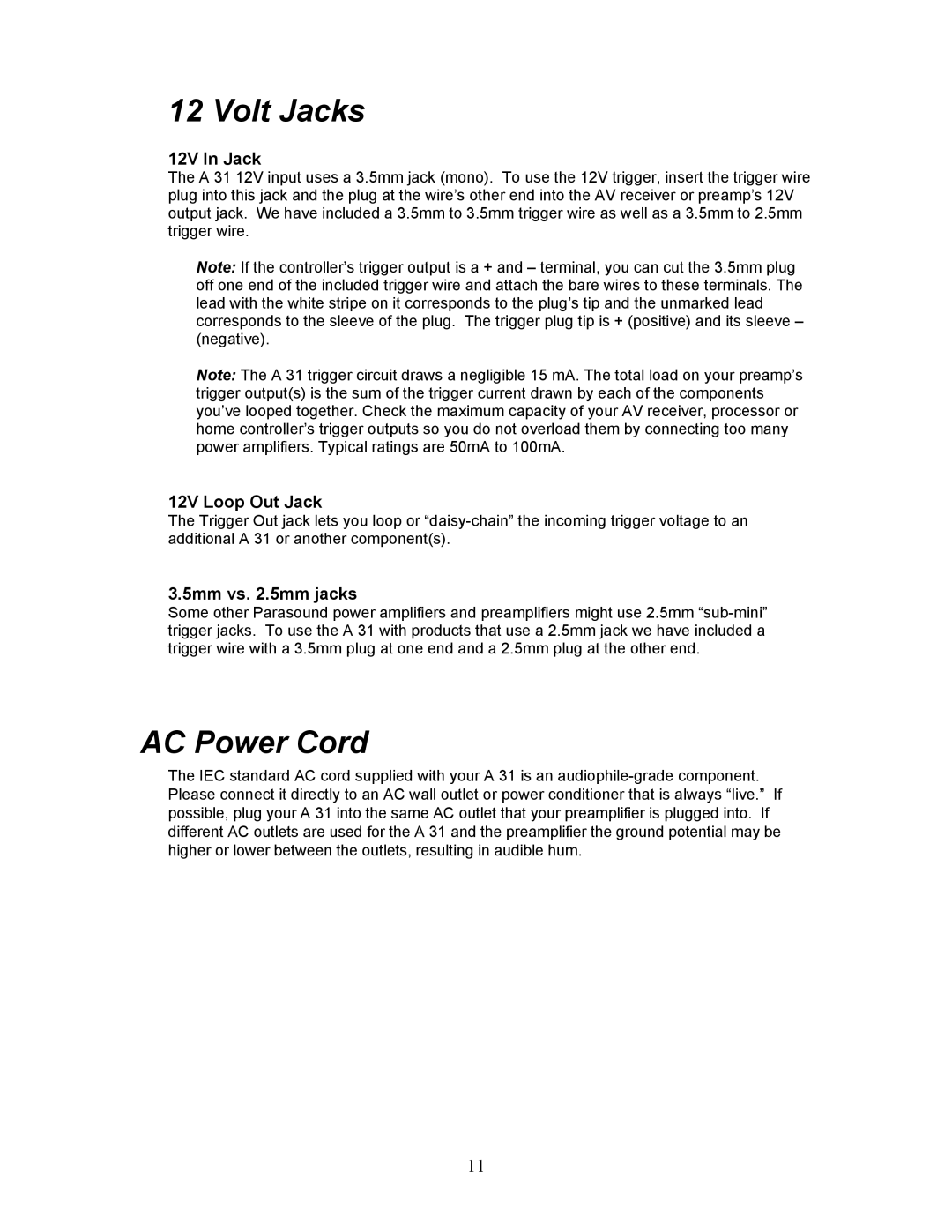 Parasound A 31 manual Volt Jacks, AC Power Cord, 12V In Jack, 12V Loop Out Jack, 5mm vs .5mm jacks 