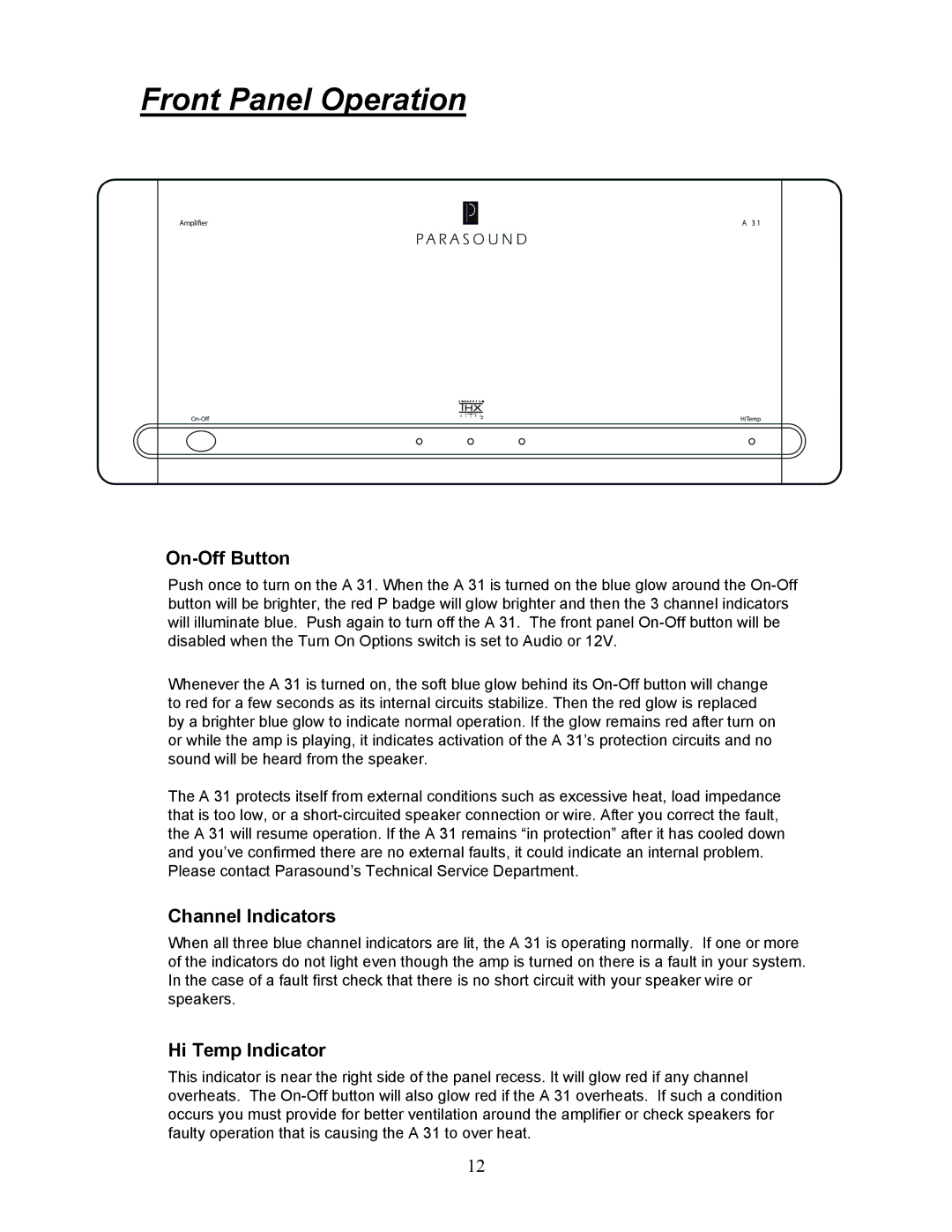 Parasound A 31 manual Front Panel Operation, On-Off Button 