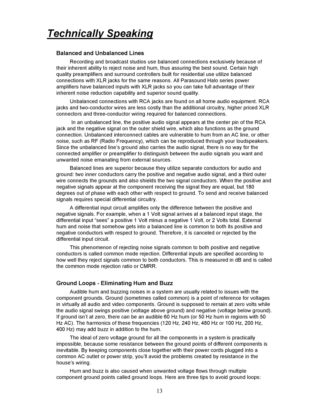 Parasound A 31 manual Technically Speaking, Balanced and Unbalanced Lines, Ground Loops Eliminating Hum and Buzz 