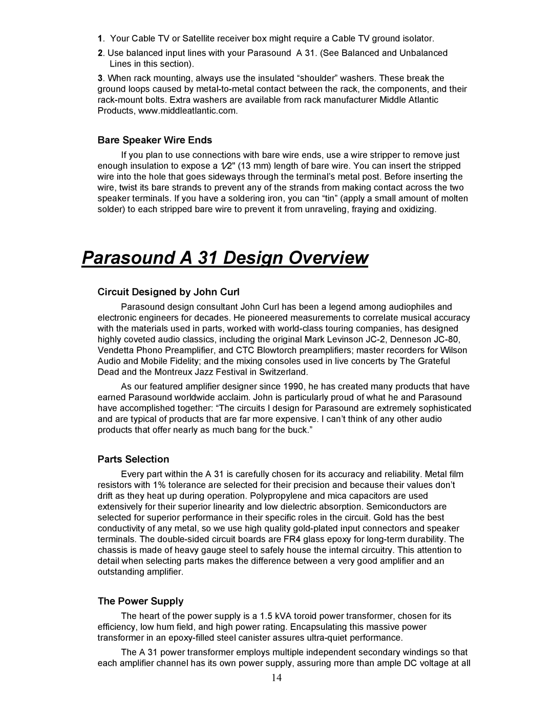 Parasound A 31 Parasound a 31 Design Overview, Bare Speaker Wire Ends, Circuit Designed by John Curl, Parts Selection 