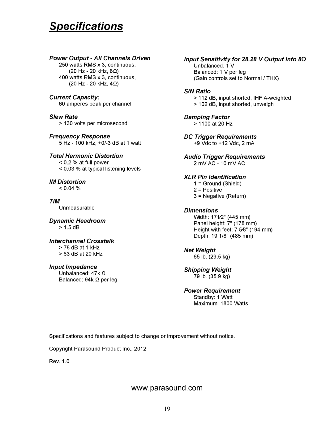 Parasound A 31 manual Specifications 