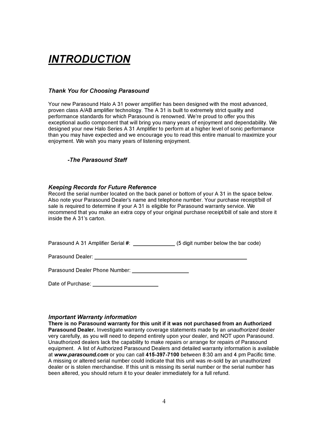 Parasound A 31 manual Thank You for Choosing Parasound, Parasound Staff Keeping Records for Future Reference 