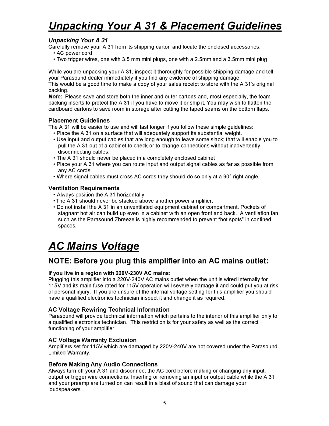 Parasound A 31 manual Unpacking Your a 31 & Placement Guidelines, AC Mains Voltage 