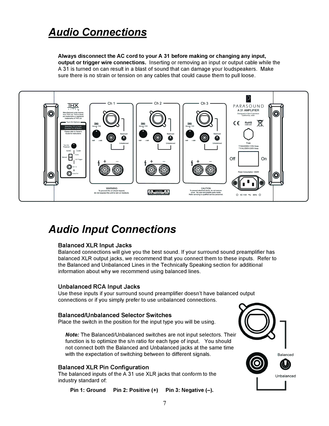 Parasound A 31 manual Audio Connections, Audio Input Connections 