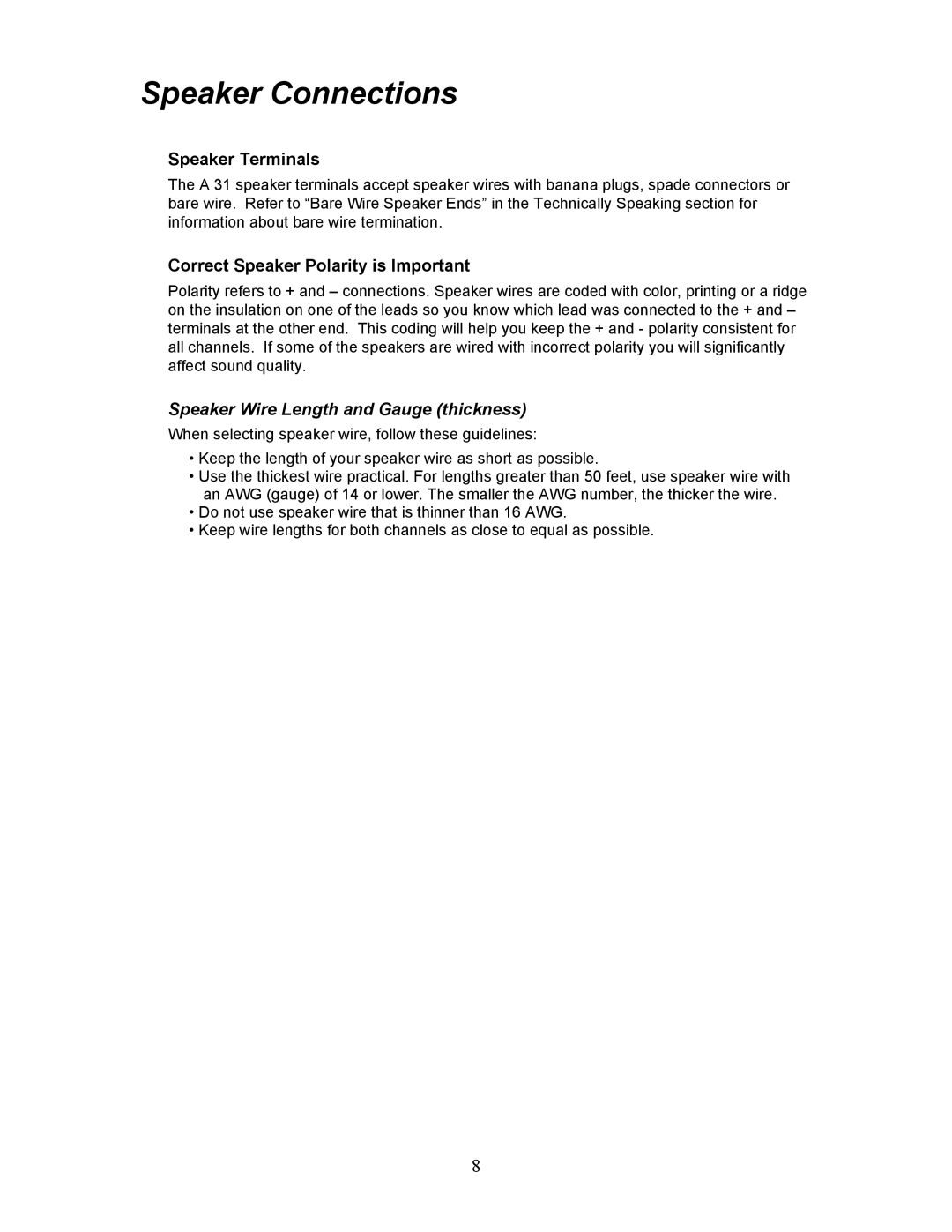Parasound A 31 manual Speaker Connections, Speaker Terminals, Correct Speaker Polarity is Important 