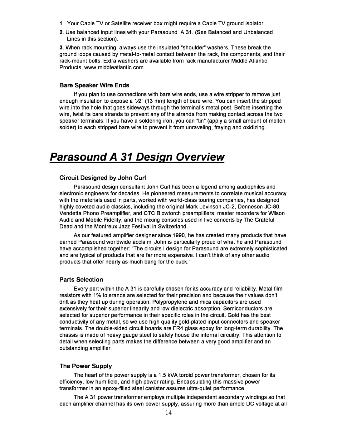 Parasound manual Parasound A 31 Design Overview, Bare Speaker Wire Ends, Circuit Designed by John Curl, Parts Selection 