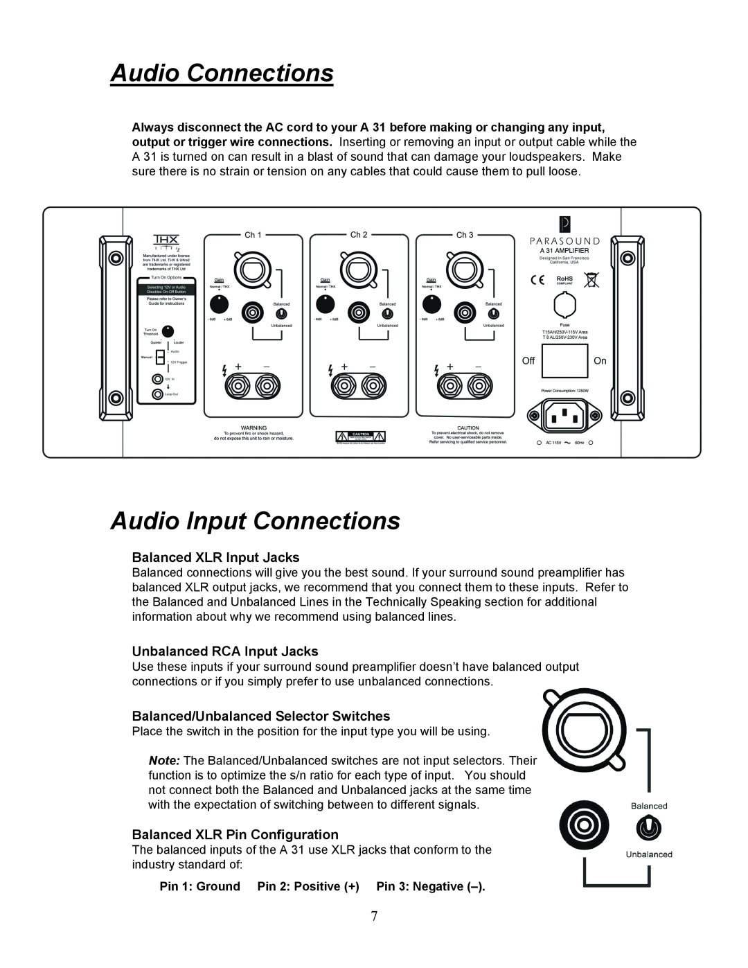 Parasound A 31 manual Audio Connections, Audio Input Connections, Balanced XLR Input Jacks, Unbalanced RCA Input Jacks 