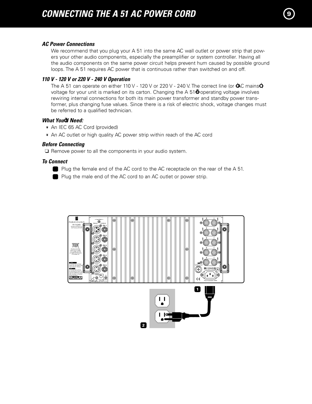 Parasound A 51 manual Connecting the a 51 AC Power Cord, AC Power Connections, V or 220 V 240 V Operation 