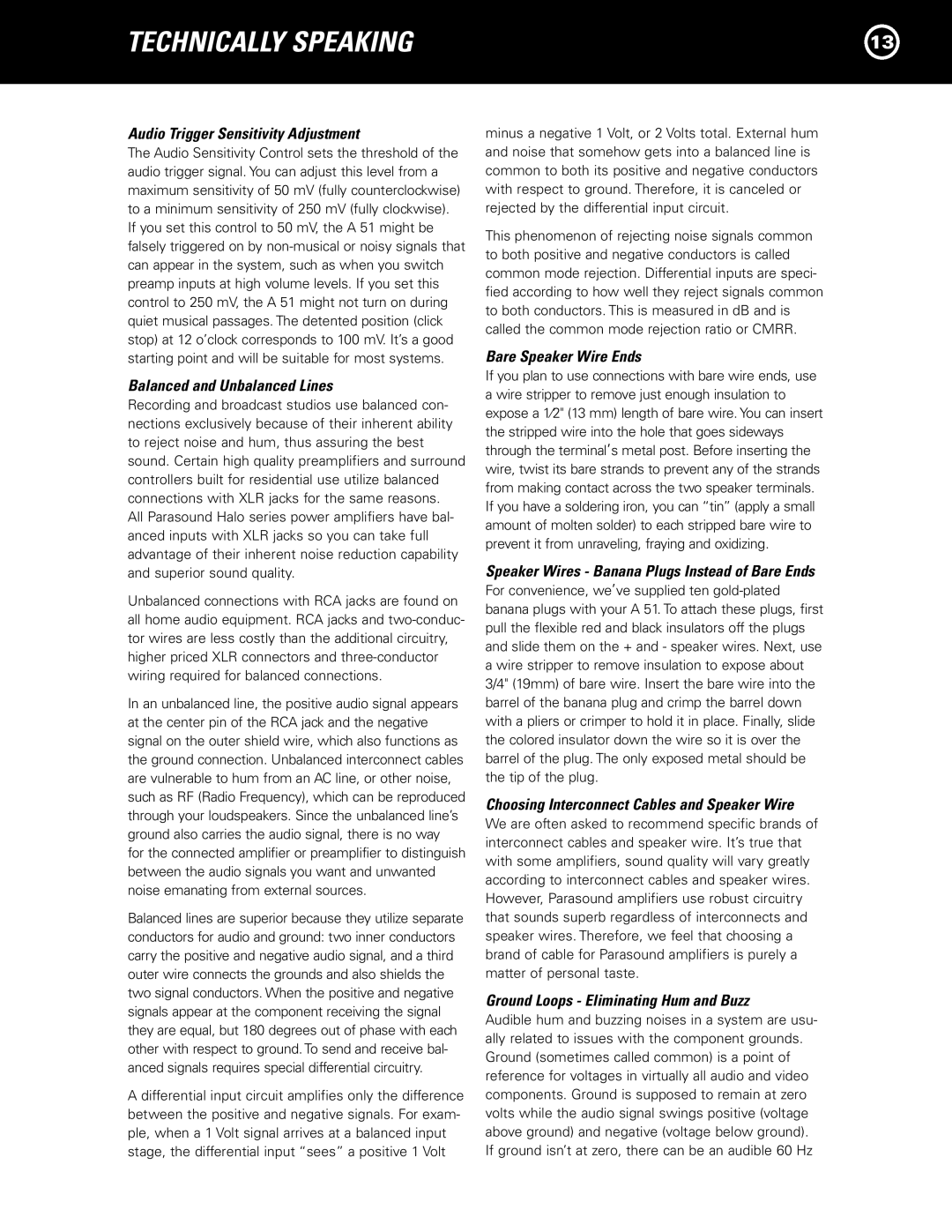 Parasound A 51 manual Technically Speaking, Audio Trigger Sensitivity Adjustment 