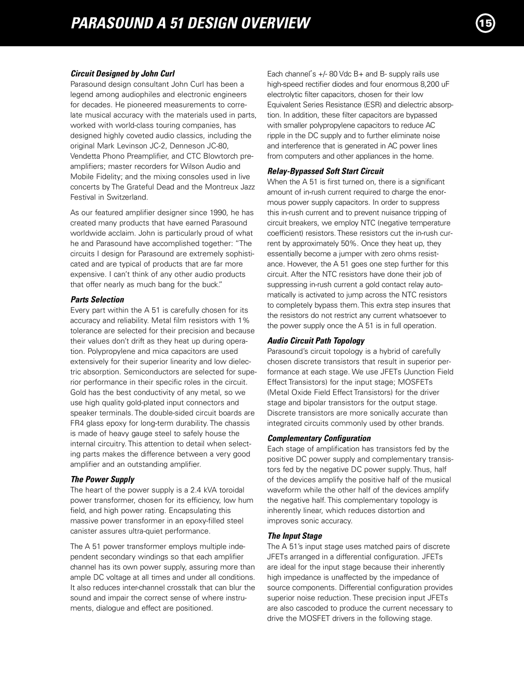 Parasound A 51 manual Parasound a 51 Design Overview, Circuit Designed by John Curl 