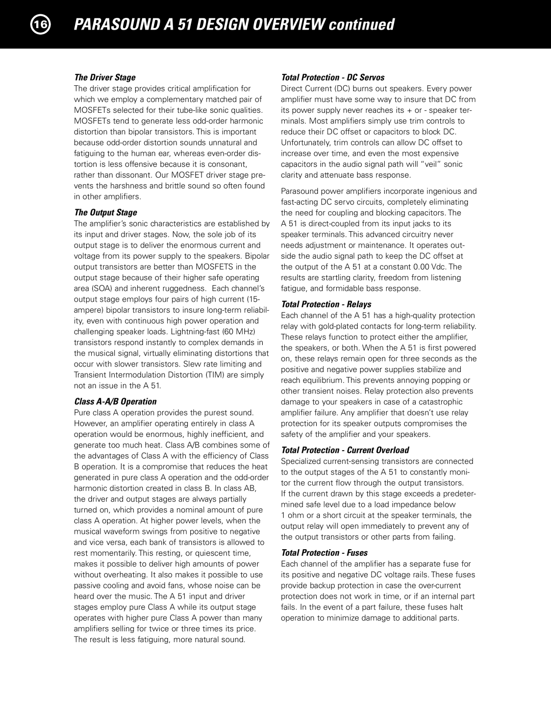 Parasound A 51 manual Parasound a 51 Design Overview 