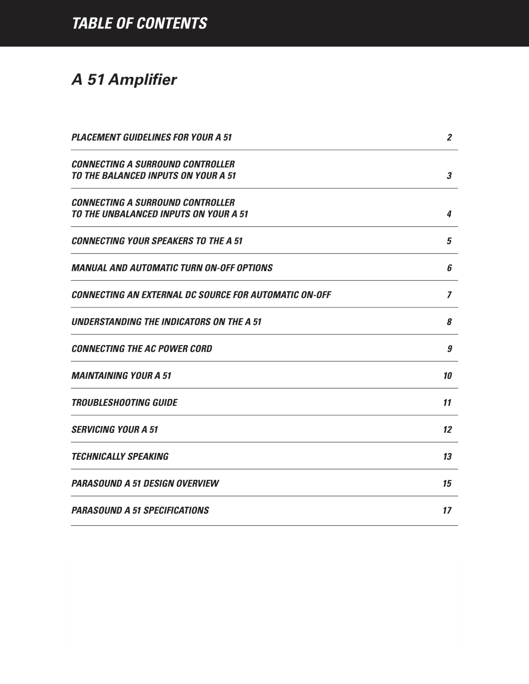 Parasound A 51 manual Table of Contents 