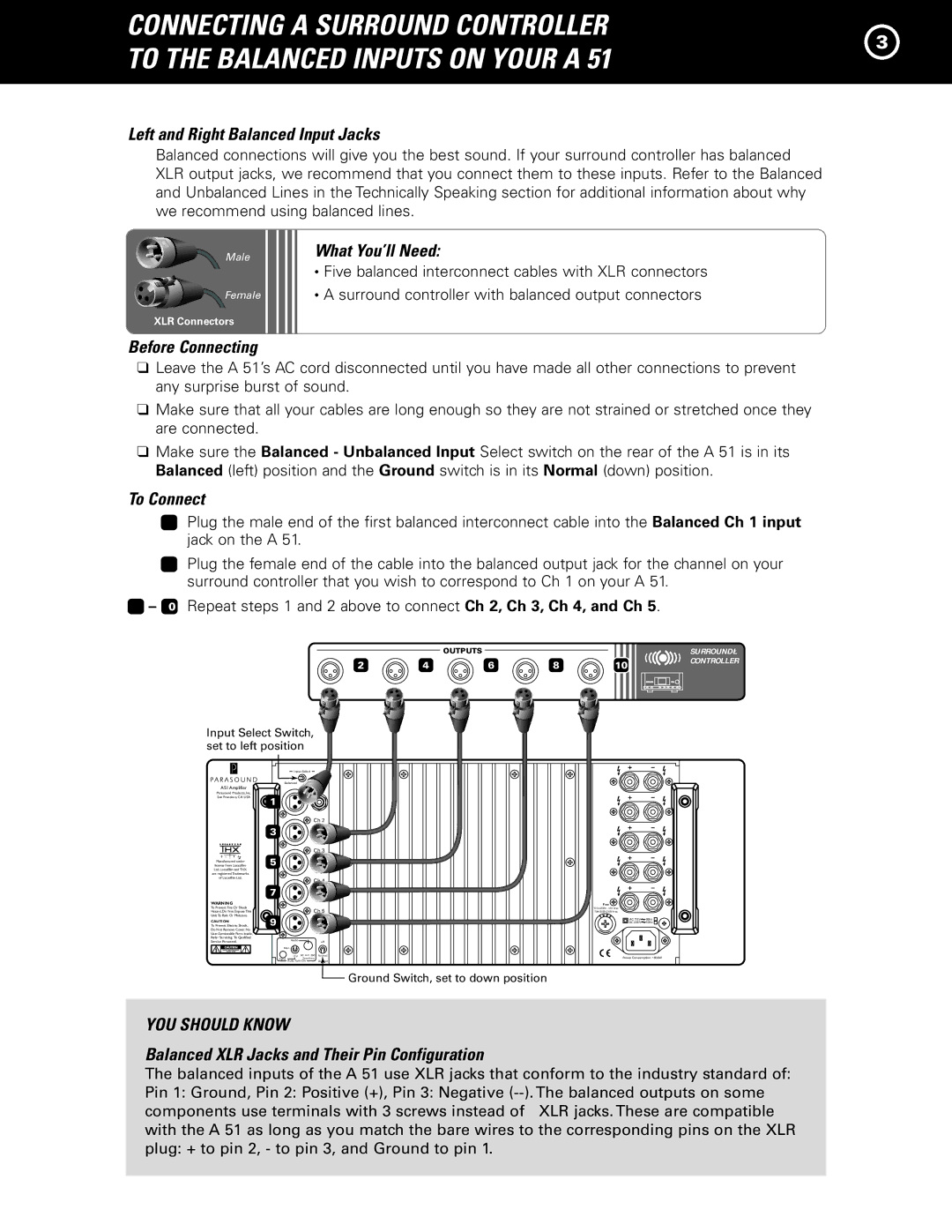 Parasound A 51 manual Left and Right Balanced Input Jacks, Before Connecting What You’ll Need, To Connect 