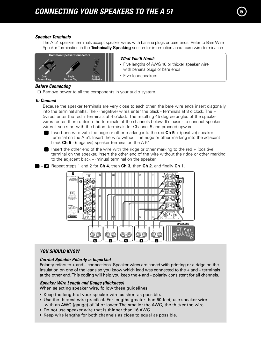 Parasound A 51 manual Connecting Your Speakers to the a, Speaker Terminals, Correct Speaker Polarity is Important 