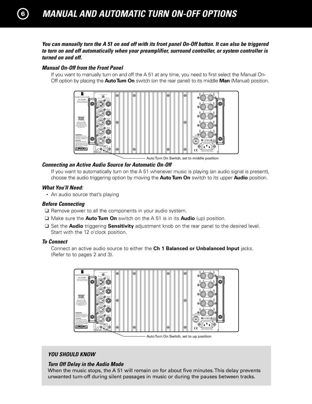 Parasound A 51 manual Manual and Automatic Turn ON-OFF Options, Connecting an Active Audio Source for Automatic On-Off 