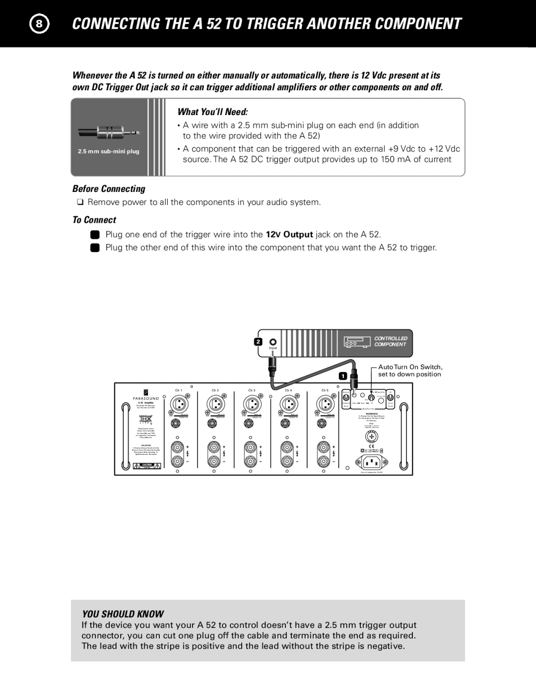 Parasound A 52 manual Connecting the a 52 to Trigger Another Component 