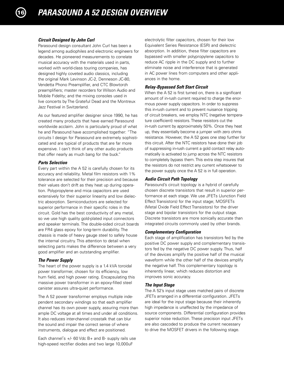 Parasound A 52 manual Parasound a 52 Design Overview, Circuit Designed by John Curl 