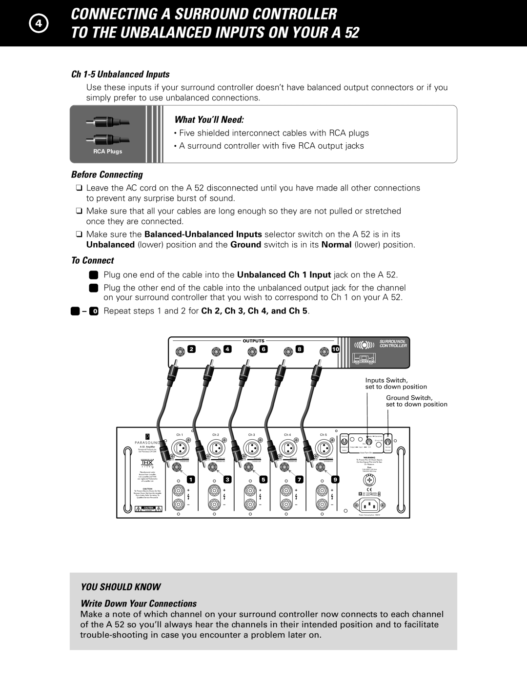 Parasound A 52 manual Ch 1-5 Unbalanced Inputs, Write Down Your Connections 