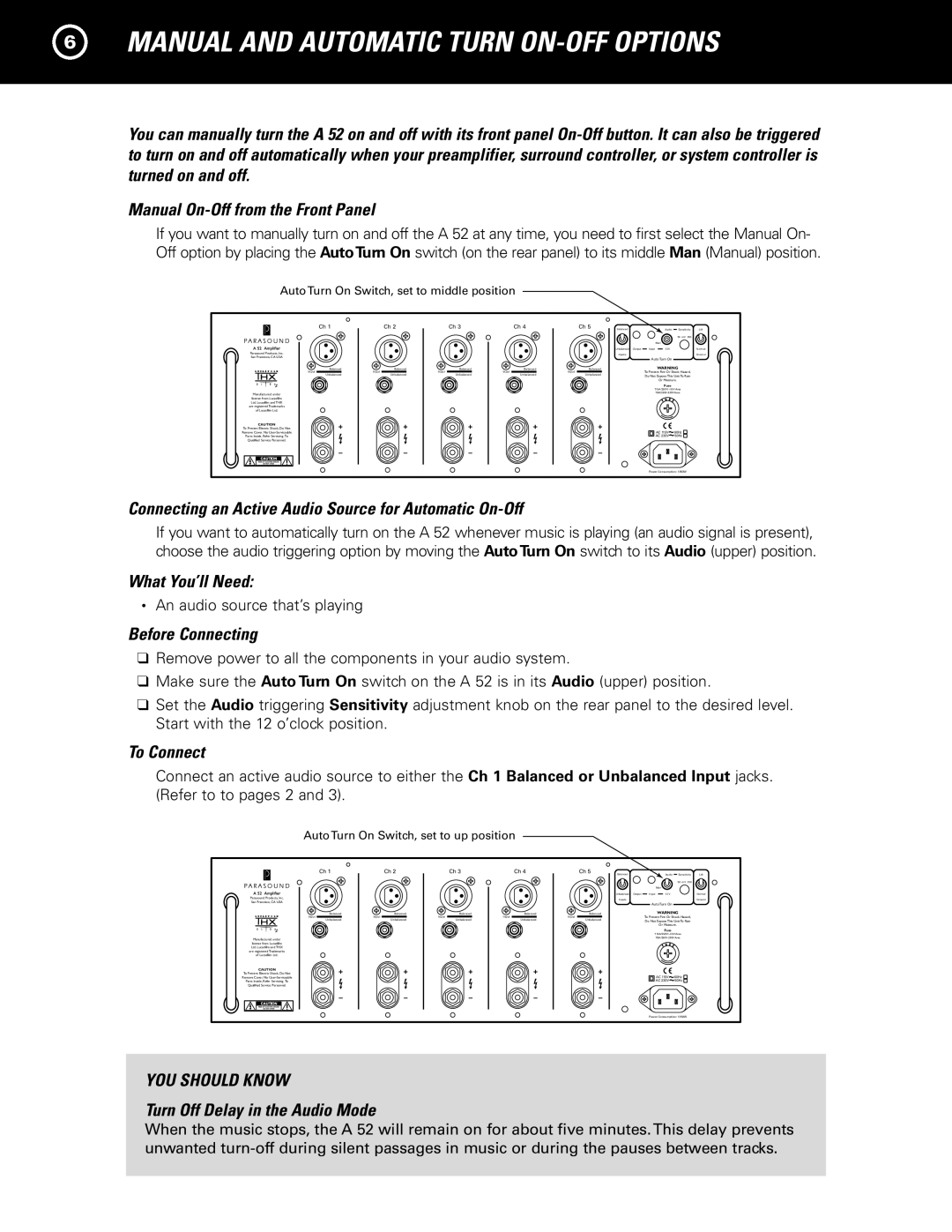 Parasound A 52 manual Manual and Automatic Turn ON-OFF Options, Connecting an Active Audio Source for Automatic On-Off 