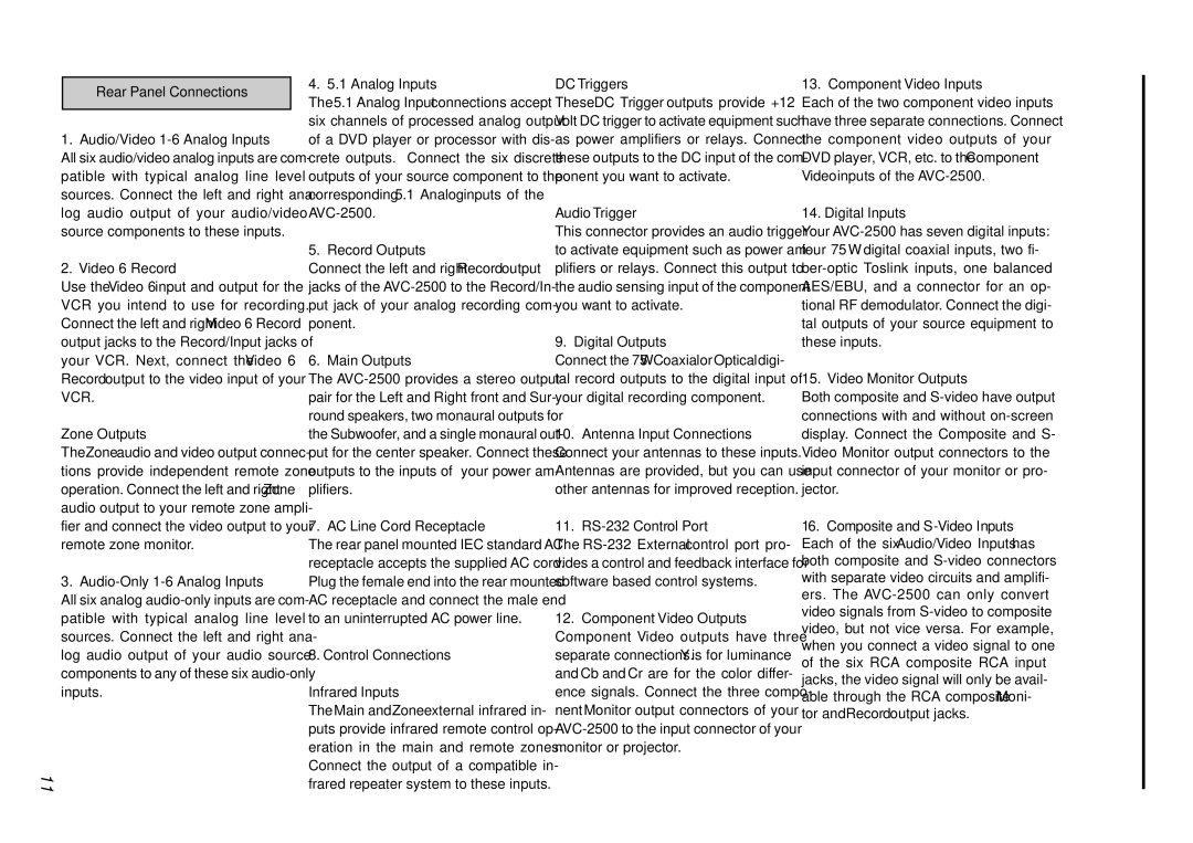 Parasound AVC-2500 Rear Panel Connections Audio/Video 1-6 Analog Inputs, DC Triggers, Component Video Inputs, Zone Outputs 