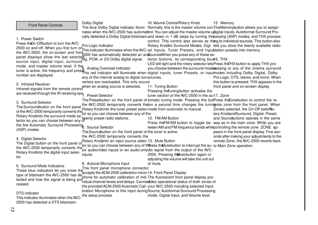 Parasound AVC-2500 Front Panel Controls Power Switch, Infrared Receiver, Surround Selector, Digital Selector, Mute Button 