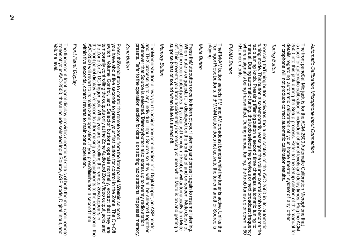 Parasound AVC-2500 owner manual Automatic Calibration Microphone Input Connection, Tuning Button, FM/AM Button, Mute Button 