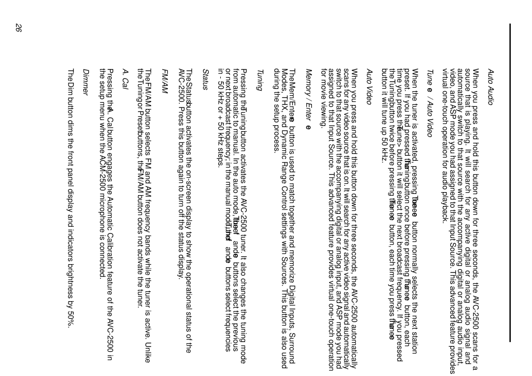 Parasound AVC-2500 owner manual Auto Audio, Tune e / Auto Video, Memory / Enter e, Tuning, Status, Cal, Dimmer 