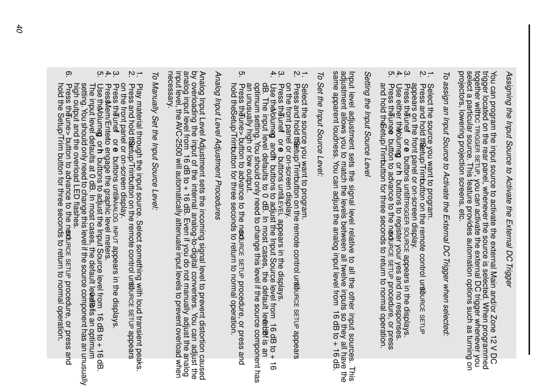 Parasound AVC-2500 Setting the Input Source Level, To Set the Input Source Level, Analog Input Level Adjustment Procedures 