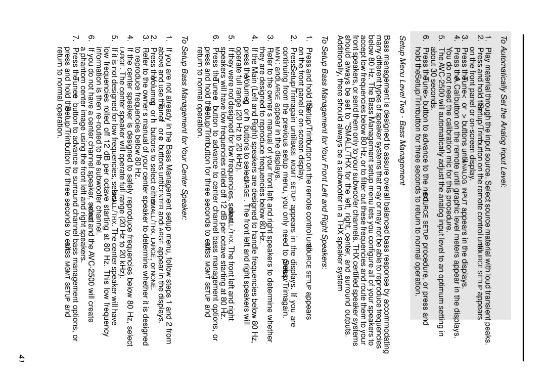 Parasound AVC-2500 owner manual To Automatically Set the Analog Input Level, Setup Menu Level Two Bass Management 